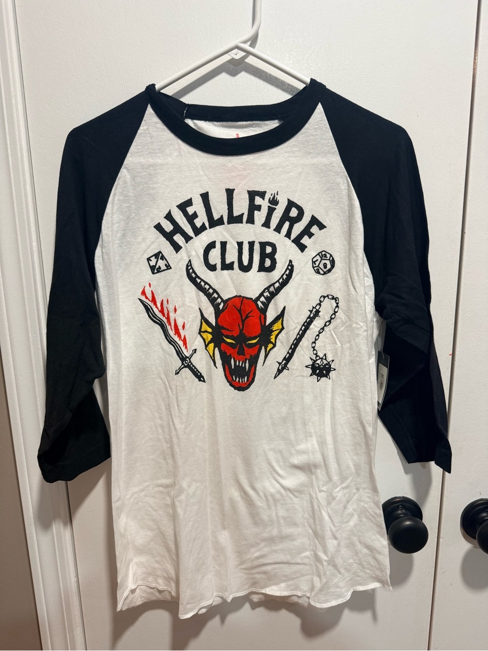 Stranger Things Hellfire Club Graphic Raglan Tee - Black & White with Red Accent